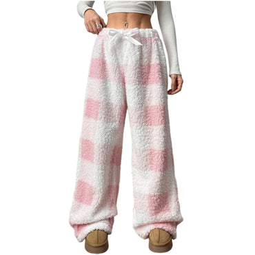 Christmas Elastic Waist Long Pants Women Trousers Wide leg Casual Female Belt Plaid Loose Ankle-Length Home Pants 2YK Pajama