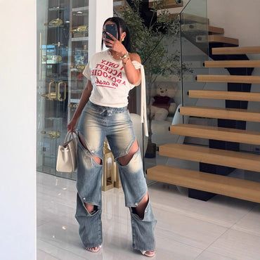 2025 New European and American Women's Clothing Fashion Street Trend Hollow Nail Buckle Old Straight Loose Denim Trousers