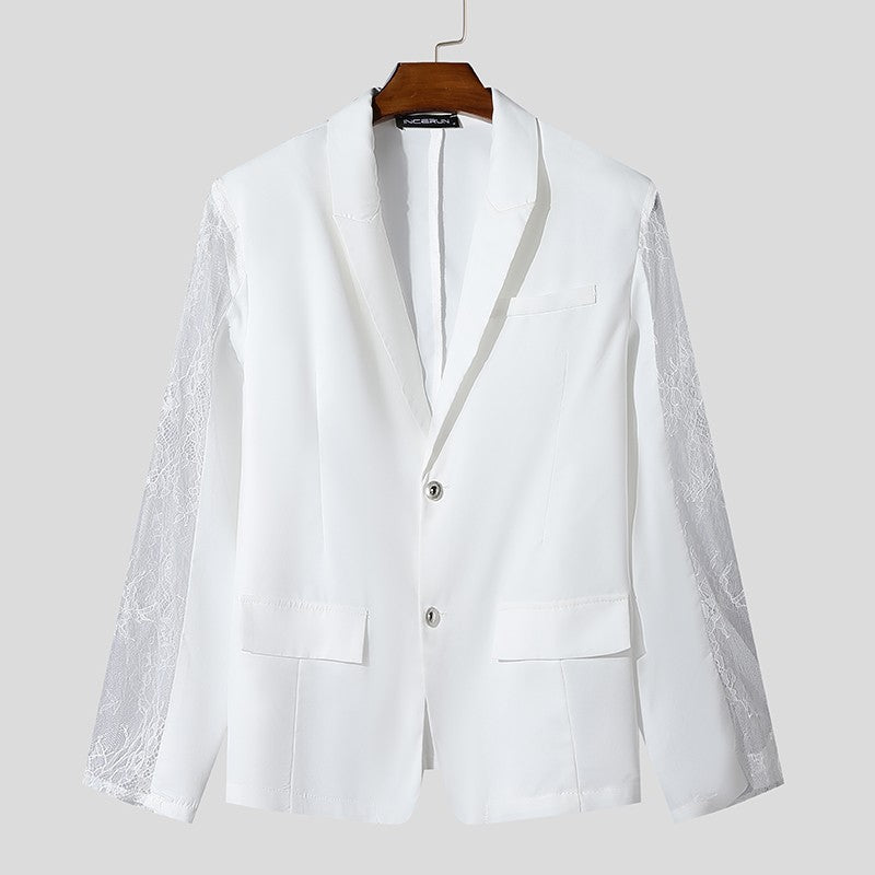 INCERUN Tops 2024 American Style Fashion Mens Perspective Lace Splicing Design Suit Coats Casual Solid Long Sleeved Blazer S-5XL