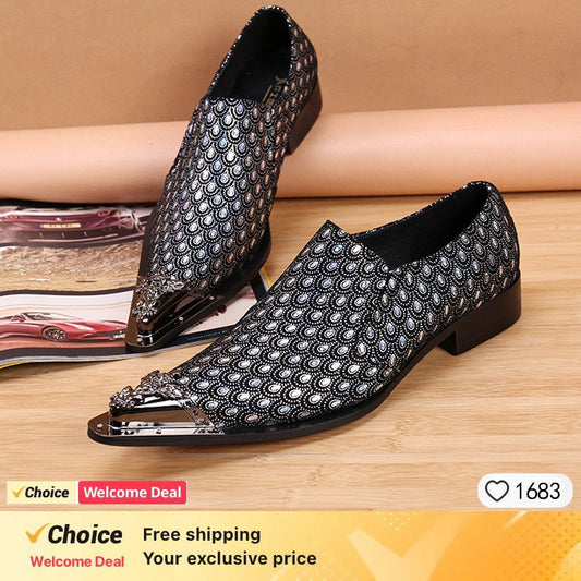 2024 Western Fashion Pointed Metal Toe Dress Shoes Blue Grey Party Wedding Leather Shoes for Men