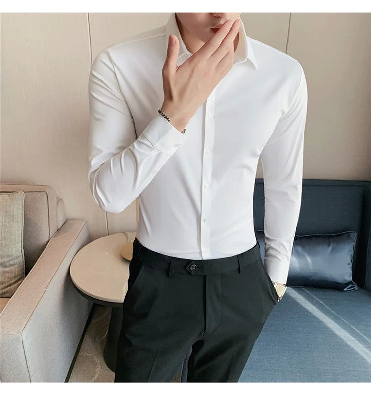 Men's Long Sleeved Elastic Shirt No Ironing Business Wear Professional Workwear Stand Up Collar Shirt Casual Solid Color Shirt