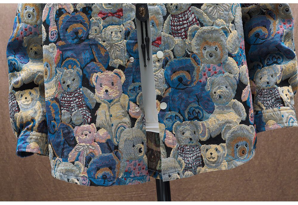 Men Teddy Bear 3/4 Sleeve Jacket Fashion Animal Pattern Coat Jacquard Woven Top Outerwear