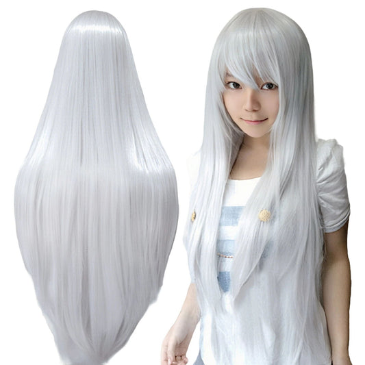 Synthetic Sliver White Long Wig for Anime Cosplay Halloween Costume Party Straight Whitish Wig with Bangs