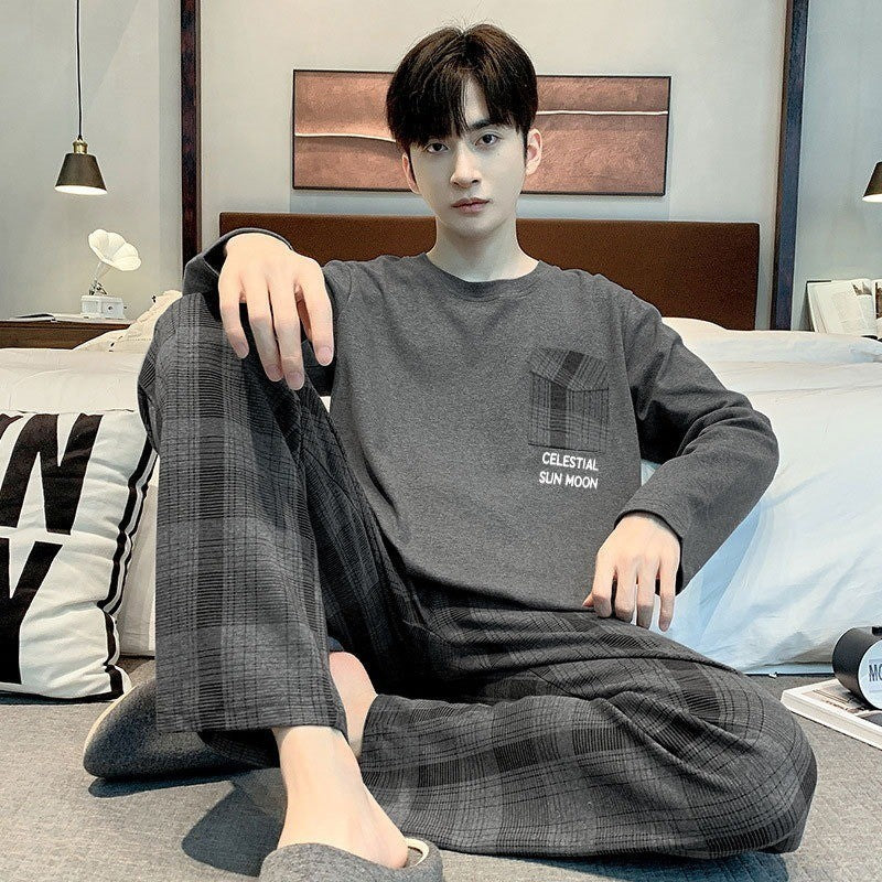 Pajamas Set of Men Cotton Long-Sleeved Simple Cartoon Dinosaur Sleepwear Homewear Students Two-Piece Nightwear Loungewear
