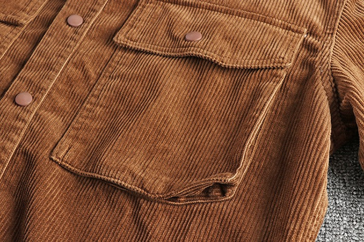 Autumn and winter thick wash corduroy long sleeve shirt men's retro trend cargo big pocket solid color casual coat