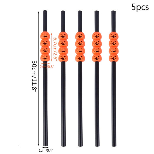 5Pcs Halloween Straws Reusable Plastic Pumpkin Skull Straw 2025 Halloween Bar Party Decoration Supplies Beverage Ornaments
