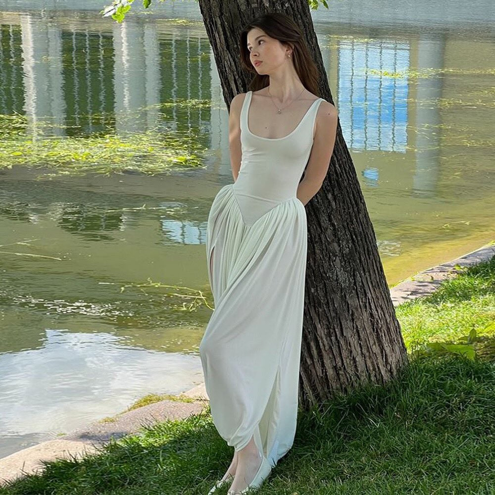 Women Sleeveless High Waist Split Sling Dresses White Elegant U Neck Irregular P