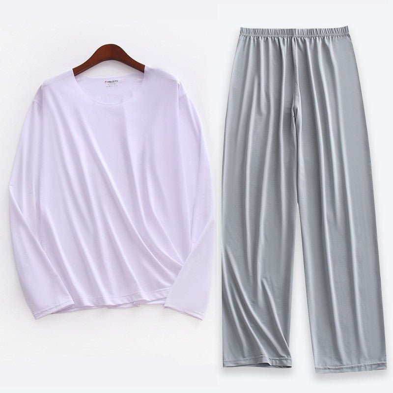 Plus Size 5XL Men Ice Silk Pajama Set Solid Long Sleeve Tops and Pants Sleepwear 2pcs Sets Soft Comfy Lounge Home Nightwear Male