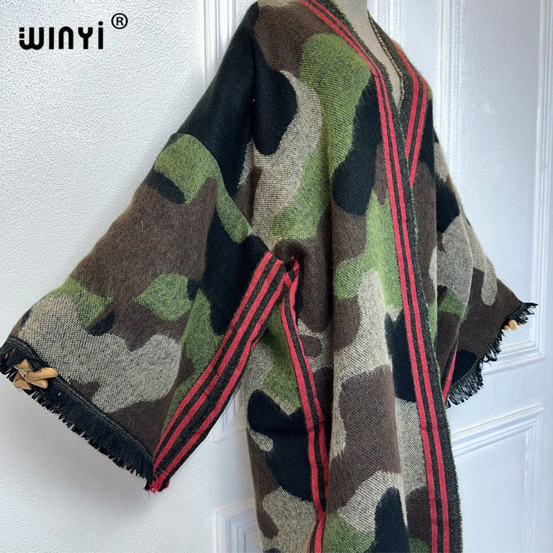 WINYI camouflage colour African women winter kimono long sleeve OverCoat abaya dubai luxury Open Front Long Cardigan party dress