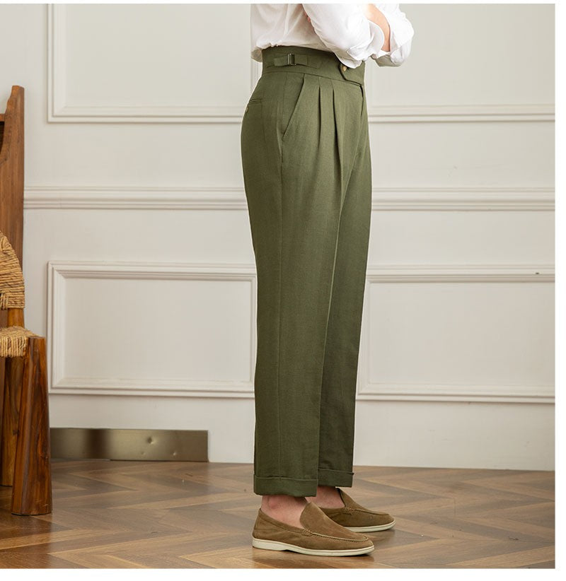 Three Gentleman Summer Naples Casual Straight Pants Men's Commuting Cotton and Linen Comfortable Breathable High Waist Pants