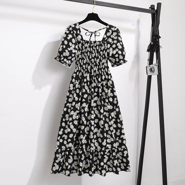 Summer Pleated Women Chiffon Dresses Casual Beach Holiday Short Sleeve Square Co