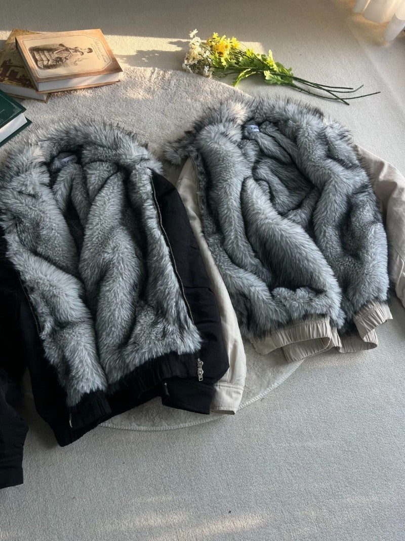 2025 Winter New Fashion Mountain Carving Imitation Wolf Fur Coat Men and Women Y2K Harajuku Hip-hop Pop Bomber Jacket Cleanfit