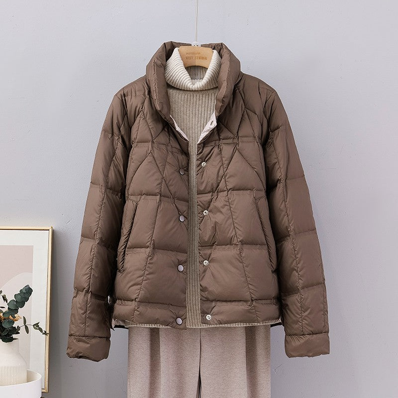 Janveny 2025 New Autumn Winter Lightweight Puffer Jacket Women Long Sleeve Single Breasted Duck Down Coat Female Short Parkas