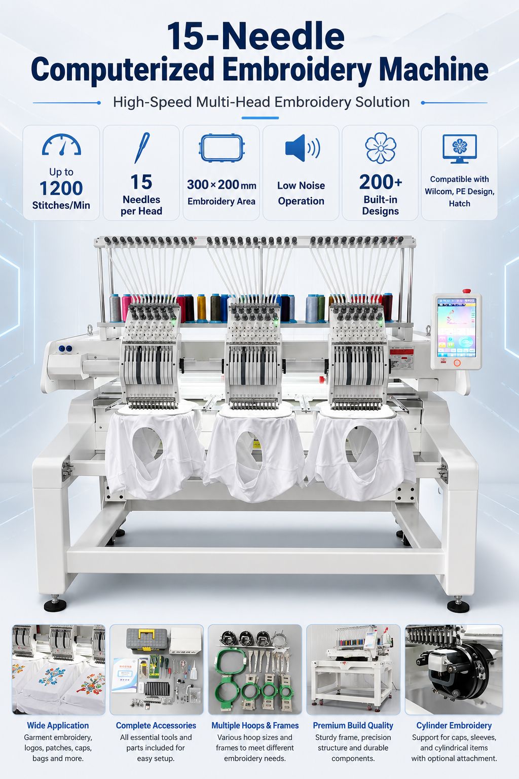 Multi Function 1204 4 Heads 15 Needles Industrial Automatic Computerized 3D Home Use New 1200 RPM Motor Cap Embroidery Machine