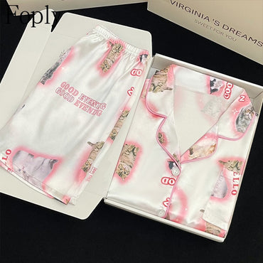 Pyjama Summer New Ladies Sweet Satin Silk Floral Printed Pajamas Set Short Sleeve+Pants Women Ice Silk Cute Homewear Casual Wear