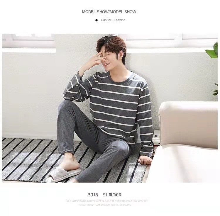2Pcs/set men's pajamas set of large size long-sleeved long trousers autumn and winter students home clothing round neck autumn m