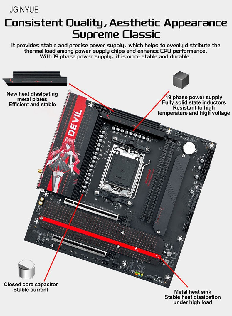 JGINYUE B650M NIGHT DEVIL Desktop Gaming Motherboard AM5 DDR5 96GB 9000MHz M-ATX USB 3.2 M.2x2 for AMD Ryzen 7 9700X