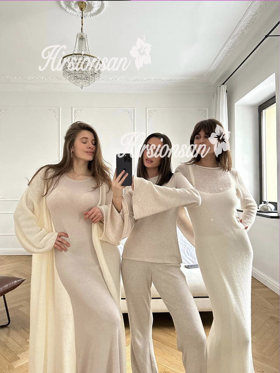 Hirsionsan Spring Autumn O-Neck Elastic Knit Long Dresses Women 2024 Elegant Chi