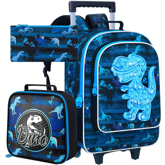 3PCS Rolling Backpack for Boys, Kids Roller Wheels Bookbag, Wheeled School Bag with Lunch Bag
