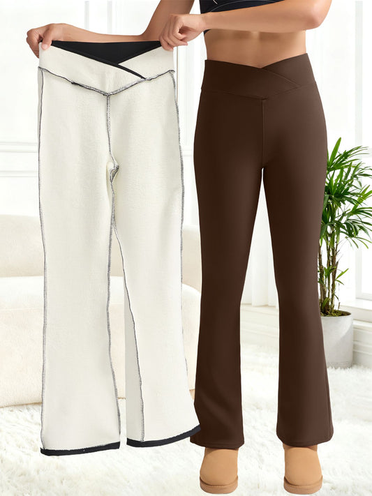 Women's Fleece-Lined Flare Pant Cross-Waist Design Thickened Winter Warm High-Waisted Tummy Control Lifting Leggings Casual Wear