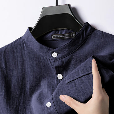 Summer Men's Stand Up Collar T Shirts Solid Color Short Sleeve Linen Shirt Trendy Breathable Loose Lightweight Basic Pocket Top
