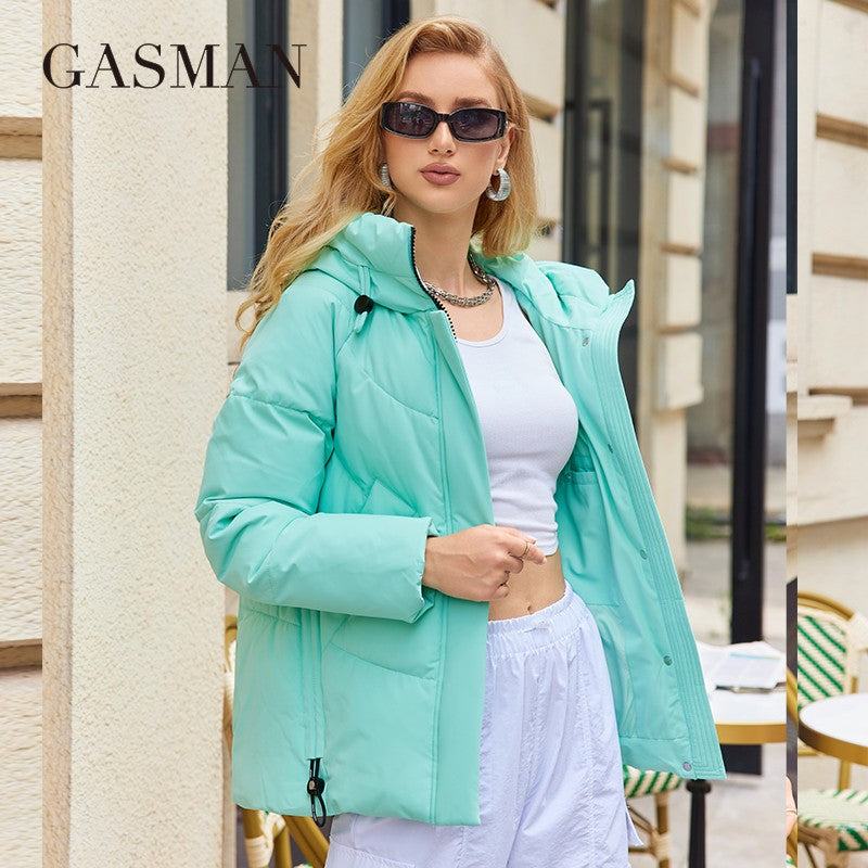 GASMAN 2023 Winter Down Jacket Women Short Classic zipper Design Pocket Stand Collar Hooded Slim Coat Women Parkas  83319