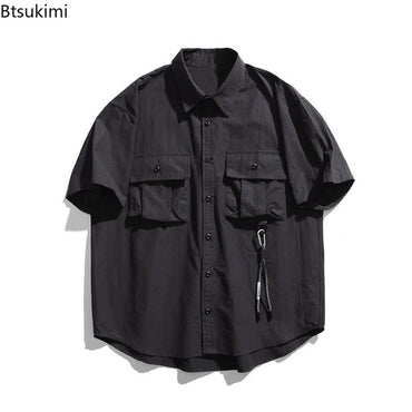 Men's Japanese Style Cargo Shirts Vintage Laple Short Sleeve Shirts 2025 Spring Summer Loose Casual Shirt Jacket Male Streetwear