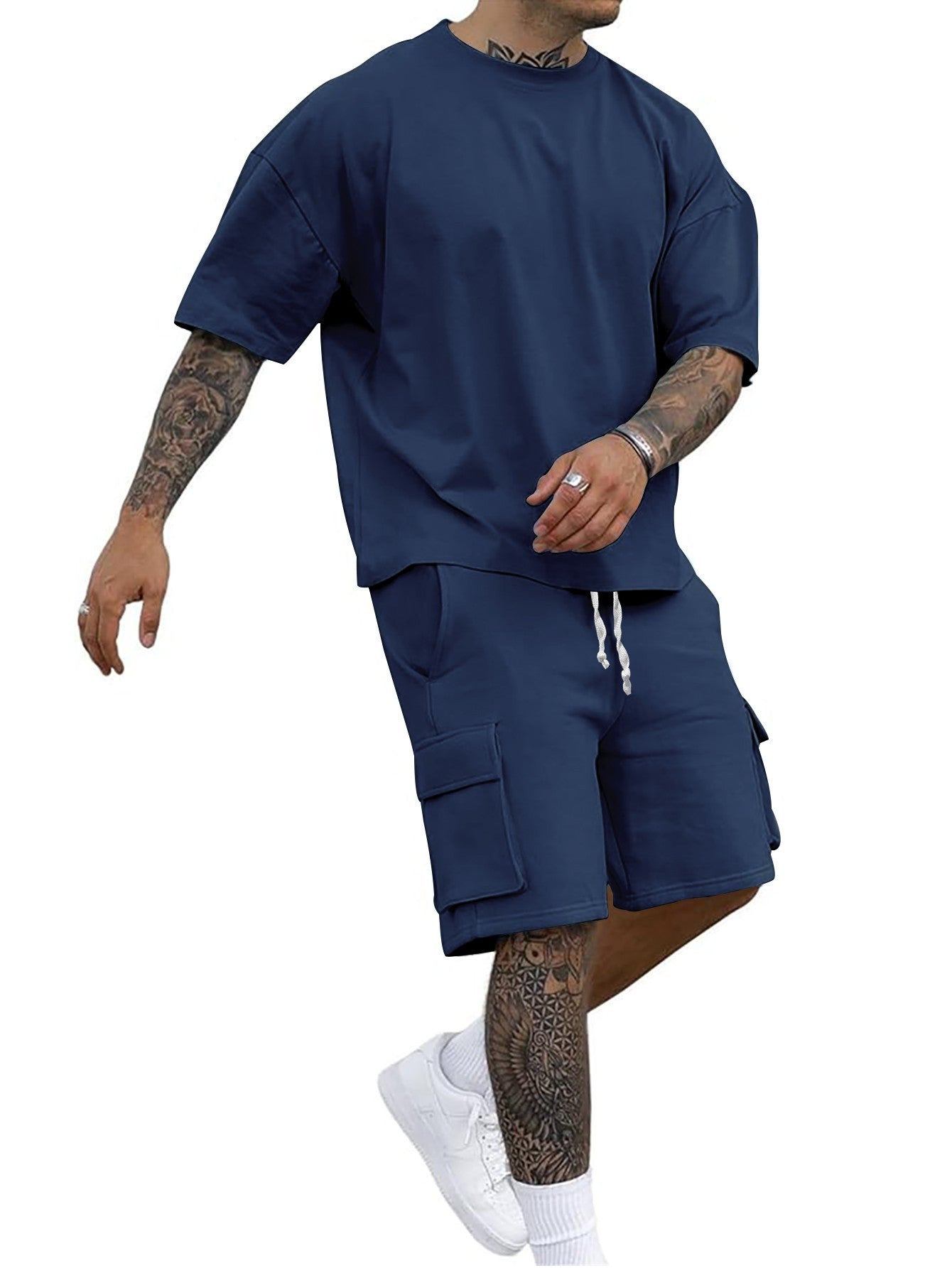 Summer new men's round neck short sleeve T-shirt shirt shorts two-piece suit loose large size ice
