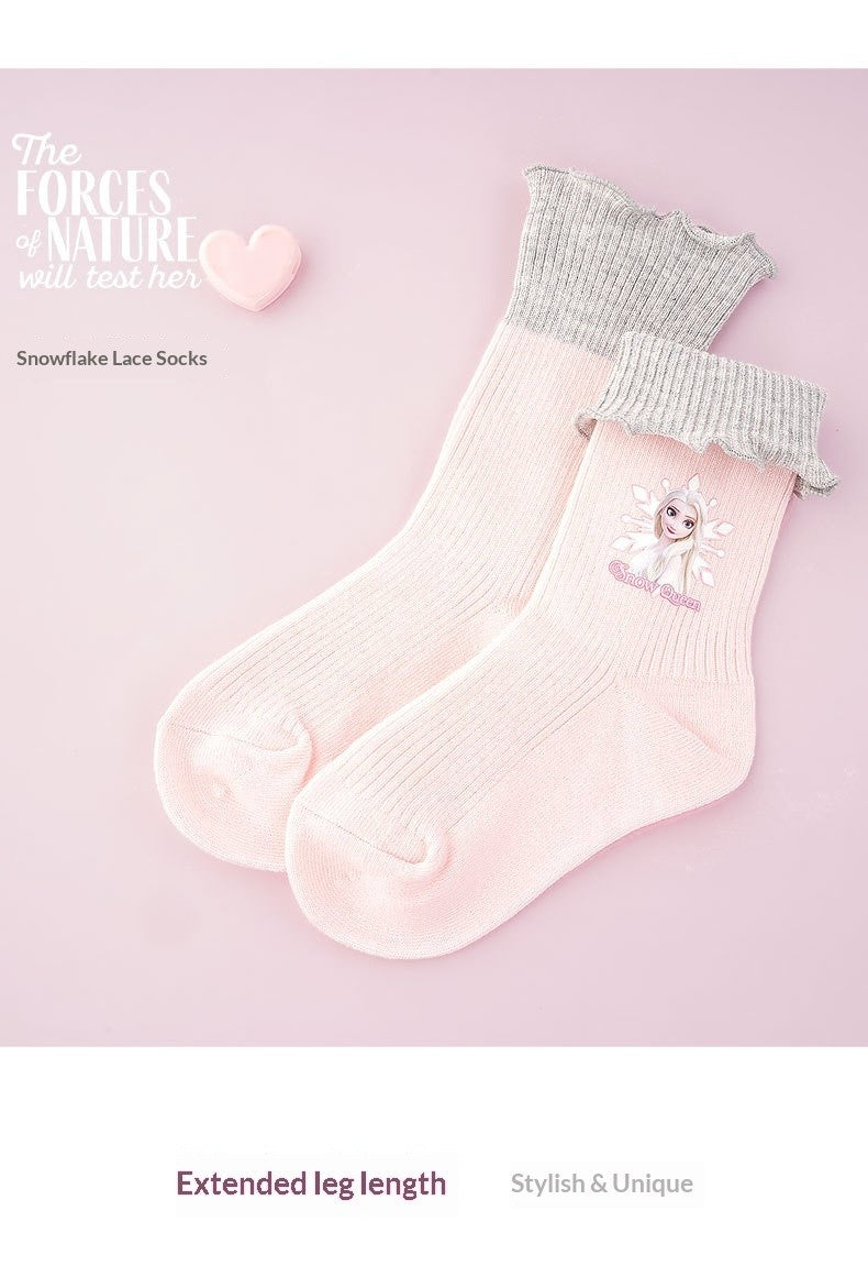 Disney Girls' Socks Autumn/Winter Lace Short Socks Elsa Princess A-Class Cartoon Children'S Cute Warm Cotton Socks