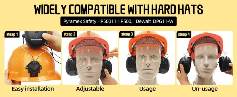 PROHEAR Bluetooth Earmuffs with Adapter for 3M H-700 Hard Hats DEWALT Hard Hat Noise Reduction Ear Protectors Music Headset