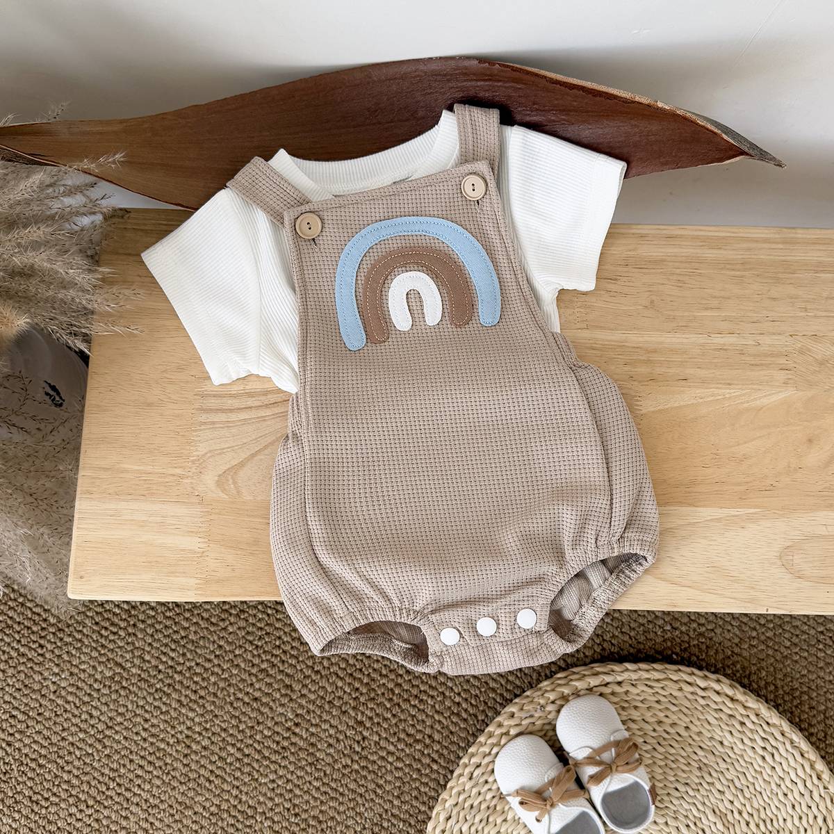 Newborn Baby Boys Clothing Summer Girls Set Waffle Rainbow Patch Overalls Romper Jumpsuit+Short Sleeved Shirt Clothes 2Pcs/Set