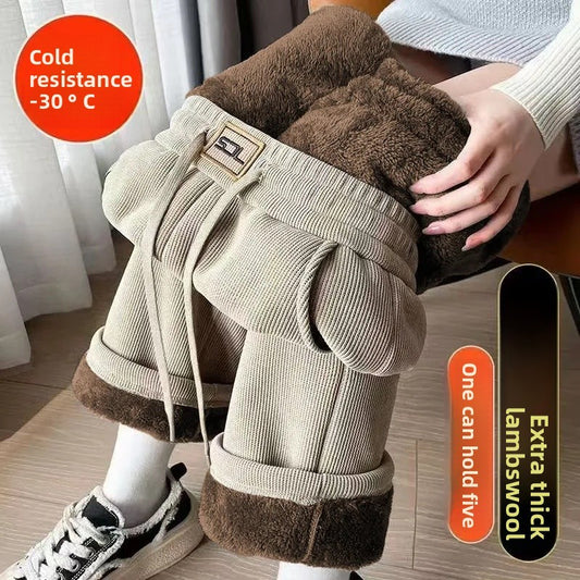 Thickened Fleece Lamb Velvet Large Size Corduroy Wide Leg Casual Straight Leg Pants Women Autumn Winter Special Thick Shiny Casu