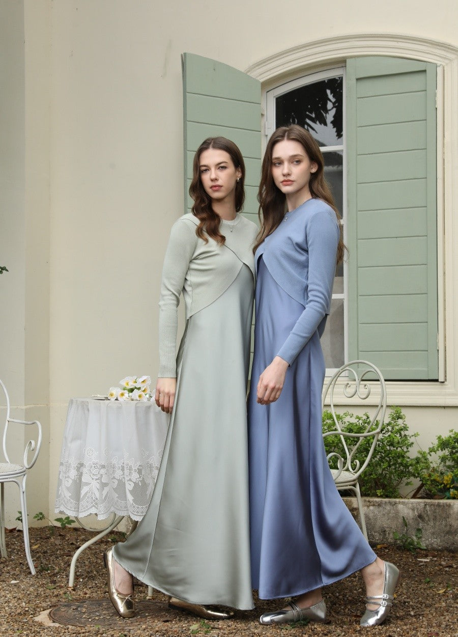 AS 2025 spring summer elegance satin dress + knitted top match set maxi floor le