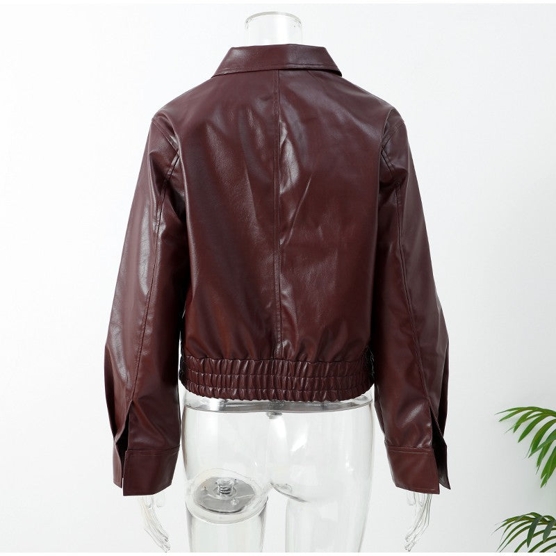 Full Sleeve Cropped Women Casual Slim Thin Motorcycle Coat Chic Zipper Lapel Wine Red Leather Jacket Lady New Highstreet Outwear