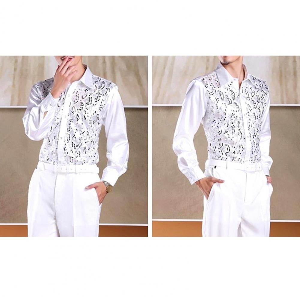 Men Sequins Shirt Adult Lapel Long Sleeved Dance Performance Shirt Costume Wedding Stage Shirt Slim Fit Casual Men Shirts Tops