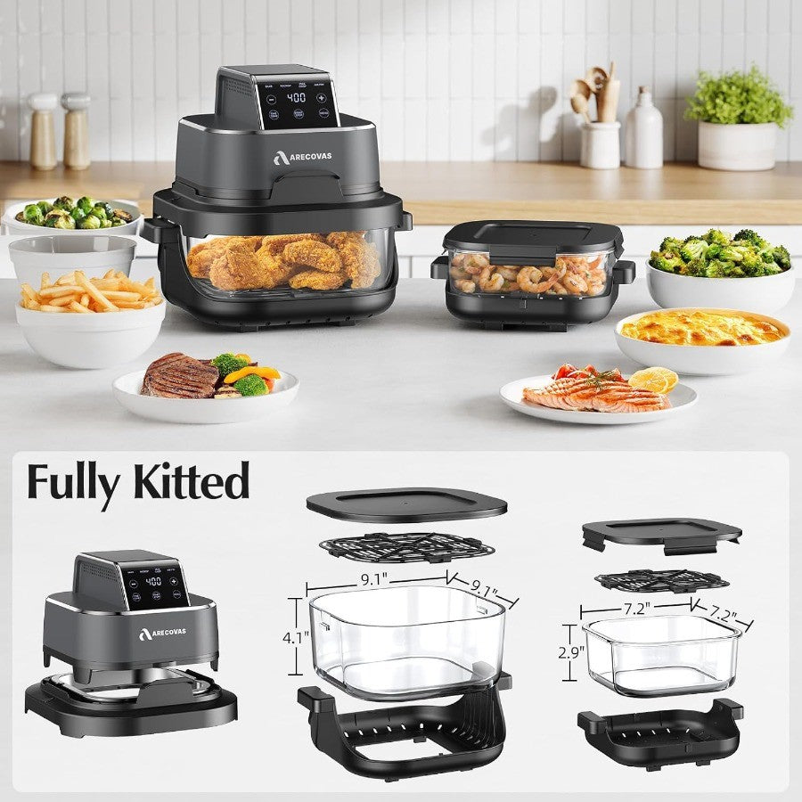 Fritadeira de ar portátil de vidro 4 em 1 com calor preciso de 60-200°C Tecnologia Max Crisp Recipientes duplos de 4,2QT e 1,6QT com tampas Congelador Lavável na Máquina de Lavar Louça