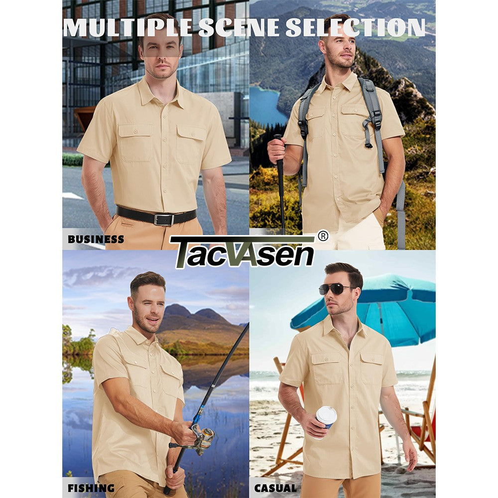 TACVASEN Quick Dry Short Sleeve Shirts Mens Casual Button Up Cargo Shirt Summer Hiking Fishing Trekking Work Shirts Outdoor Male