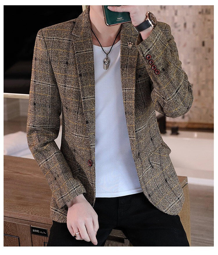 Men's casual plaid suit jacket, fashionable and versatile slim-fitting top, stylish plaid suit