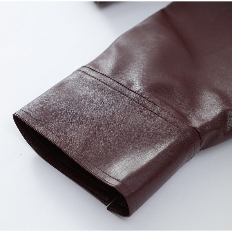 Full Sleeve Cropped Women Casual Slim Thin Motorcycle Coat Chic Zipper Lapel Wine Red Leather Jacket Lady New Highstreet Outwear