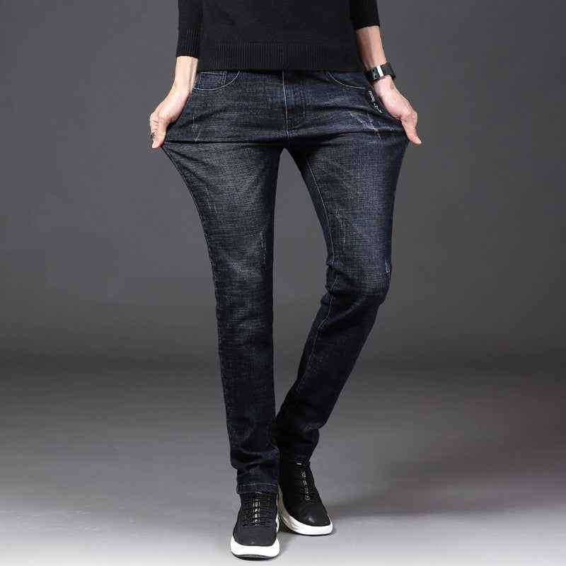 Men Winter Thermal Jeans Snow Warm Stretch Straight Jeans Man Fleece Denim Long Pants Cool Narrow Leg Slim Fit Blue Trousers