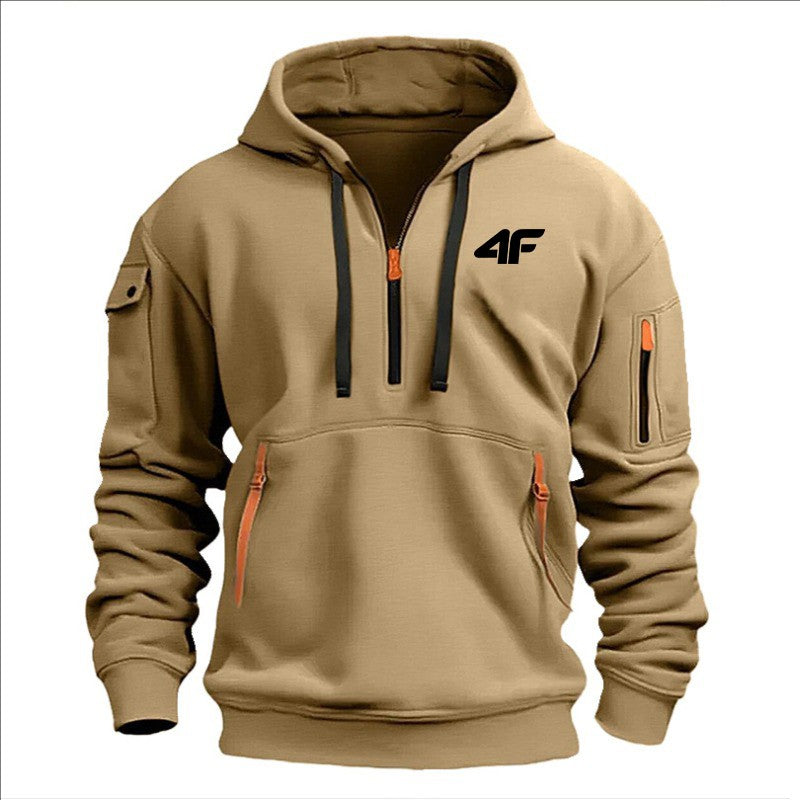 2025 Men's hooded sweater casual sports jumper vintage Harajuku long sleeve zipper multi-pocket casual loose coat Street