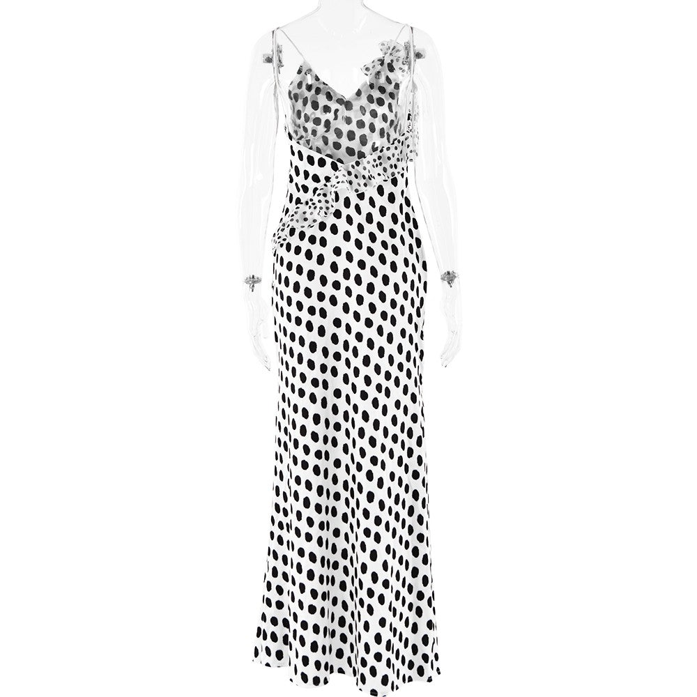 JULISSA MO Sexy Backless Print Dots Flower Women Maxi Dress Spaghetti Strap Eve
