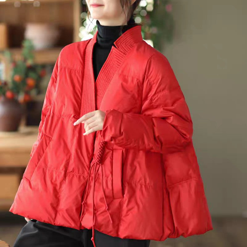 Vefadisa 2024 Autumn Winter New Red Women Parkas Coat V-neck Long Sleeve Short Parkas Casual Warm All-match Parkas Coat ZXY1194A