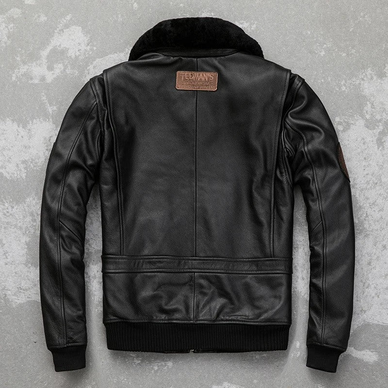 Detachable Natural Fur Collar Genuine Cowhide Men Leather Jacket Patches Flight Air Force Pilot Coat Winter Bomber