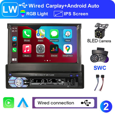 LEHX 1 Din 7inch IPS Retractable Screen Car Radio Multimedia Player Universal Audio Video Wired CarPlay Android Auto