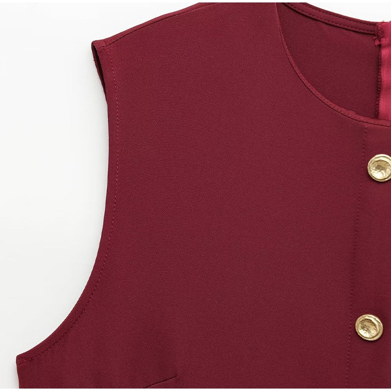 Elegant Midi Dress Woman O-neck Single Breasted Sleeveless Pocket Dresses Female