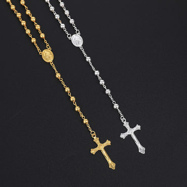 Silver Color Rosary Necklace For Women Men 6MM Metal Beads Long Chain Crucifix Cross Pendant Religious Prayer Party Jewelry Gift