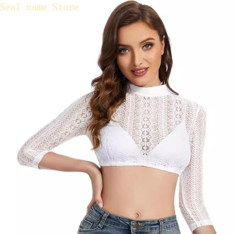 R7UD Bavarian 3/4 Sleeve Mock Neck Dirndl Blouse White Lace Oktoberfest Top for Women