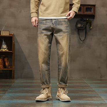 Autumn and Winter Men's Loose 95% Cotton Jeans Retro Yellow Mud Street Hip-hop Baggy Harem Pants Outdoor Boys Workwear Pants