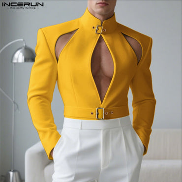 INCERUN Men Blazer Solid Stand Collar Long Sleeve Hollow Out Male Suit Streetwear Personality Fashion Casual Blazer With Belt